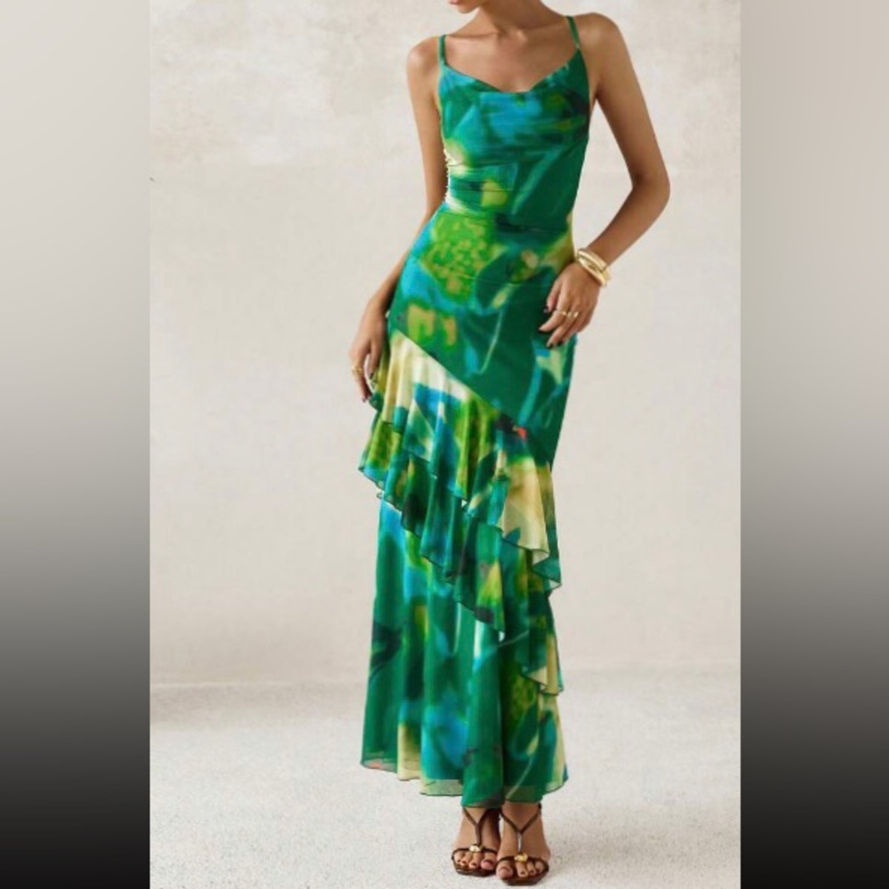 Sleeveless Green and Yellow Floral Ruffled Maxi Dress